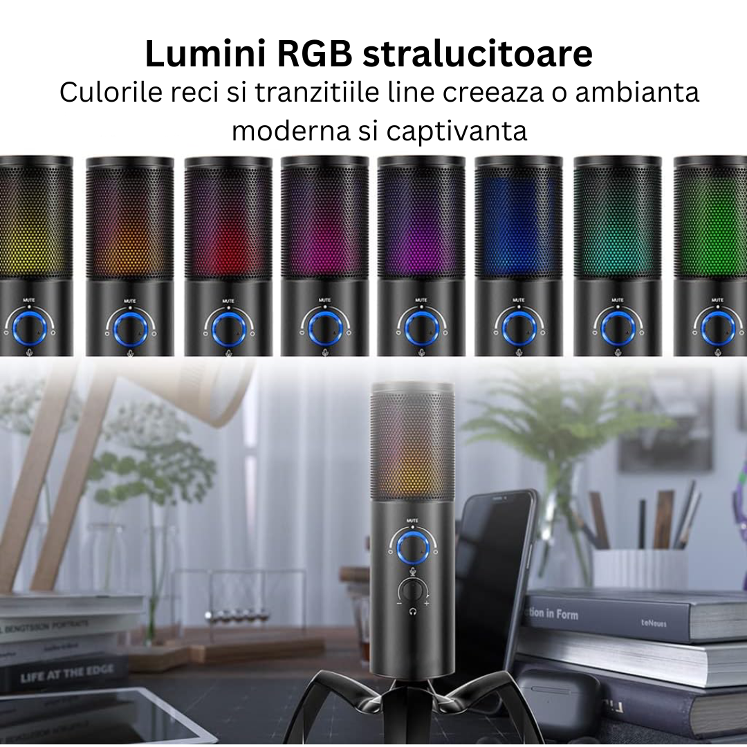 Microfon Gaming Profesional cu RGB Arteli, Condensator Dual Cardioid & Omnidirectional, Trepied Inclus, Control Volum, pentru Podcast si Streaming, Negru