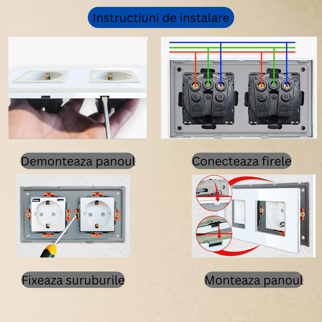 Priza Dubla cu USB si USB-C Arteli, 16A, 3520W, Rama Sticla Securizata, Protectie la Suprasarcina, Alb 86x157mm