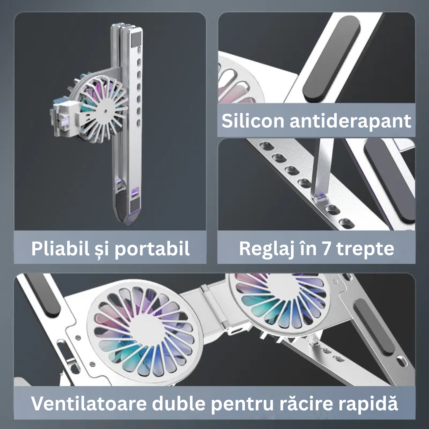 Suport Laptop Pliabil din Aluminiu și Silicon, Universal 13-17 Inch, cu Sistem Dublu de Răcire, 7 Trepte de Înălțime, Argintiu