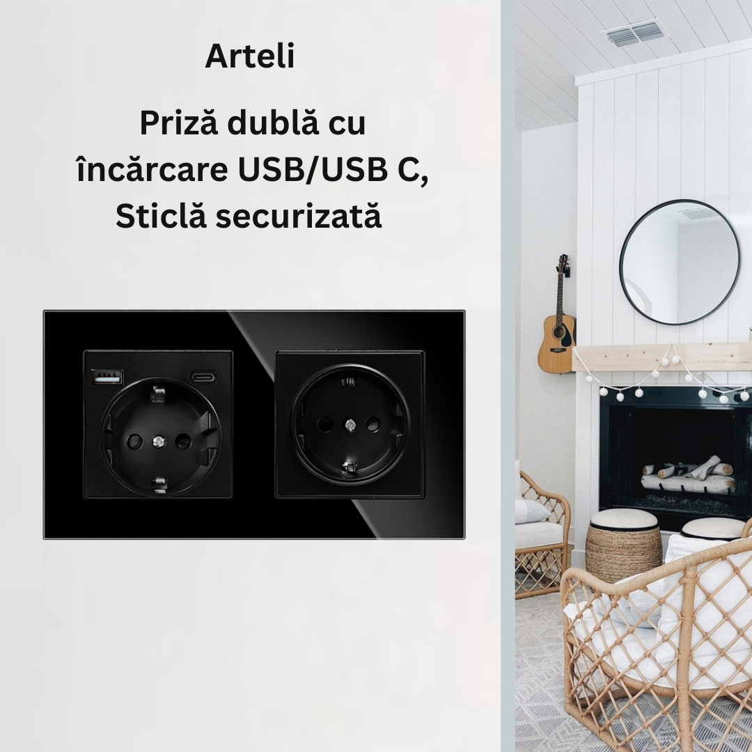 Priza Dubla cu USB si USB-C Arteli® 16A 3520W, Rama Sticla Securizata, Protectie la Suprasarcina, Neagra, 86x157mm