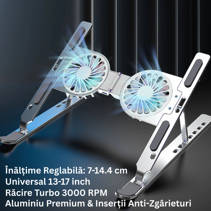 Suport Laptop Pliabil din Aluminiu și Silicon, Universal 13-17 Inch, cu Sistem Dublu de Răcire, 7 Trepte de Înălțime, Argintiu