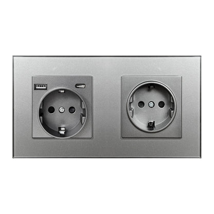 Priza Dubla cu USB si USB-C Arteli® 16A 3520W, Rama Sticla Securizata, Protectie la Suprasarcina, Gri 86x157mm