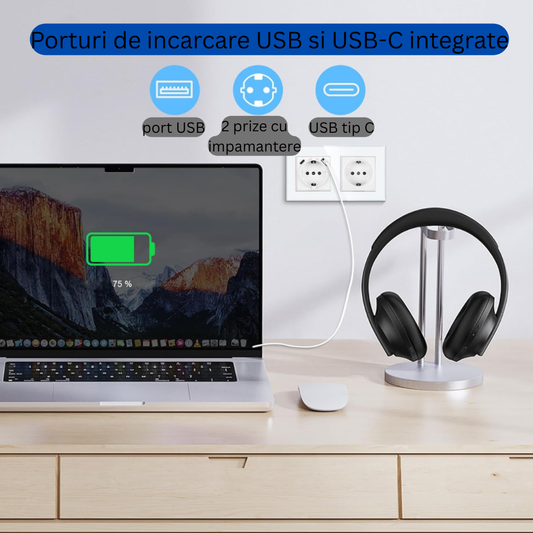 Priza Dubla cu USB si USB-C Arteli, 16A, 3520W, Rama Sticla Securizata, Protectie la Suprasarcina, Alb 86x157mm