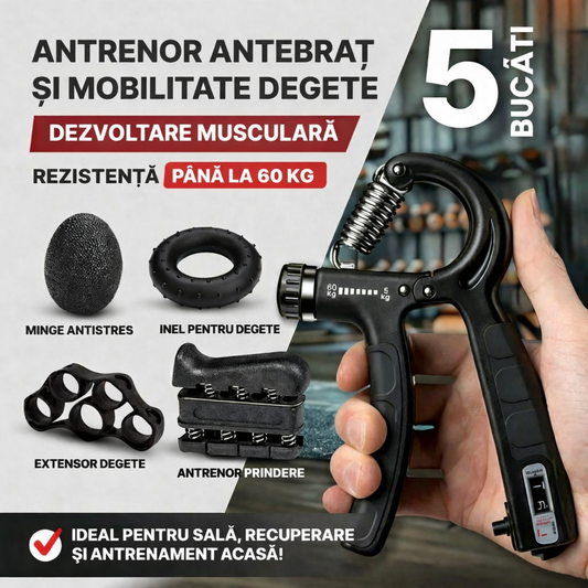 Flexor Mână Reglabil 5–60 kg + Set 4 Piese Antrenament Antebraț, Grip Trainer cu Contor Repetiții, Fitness, Recuperare, Antistres