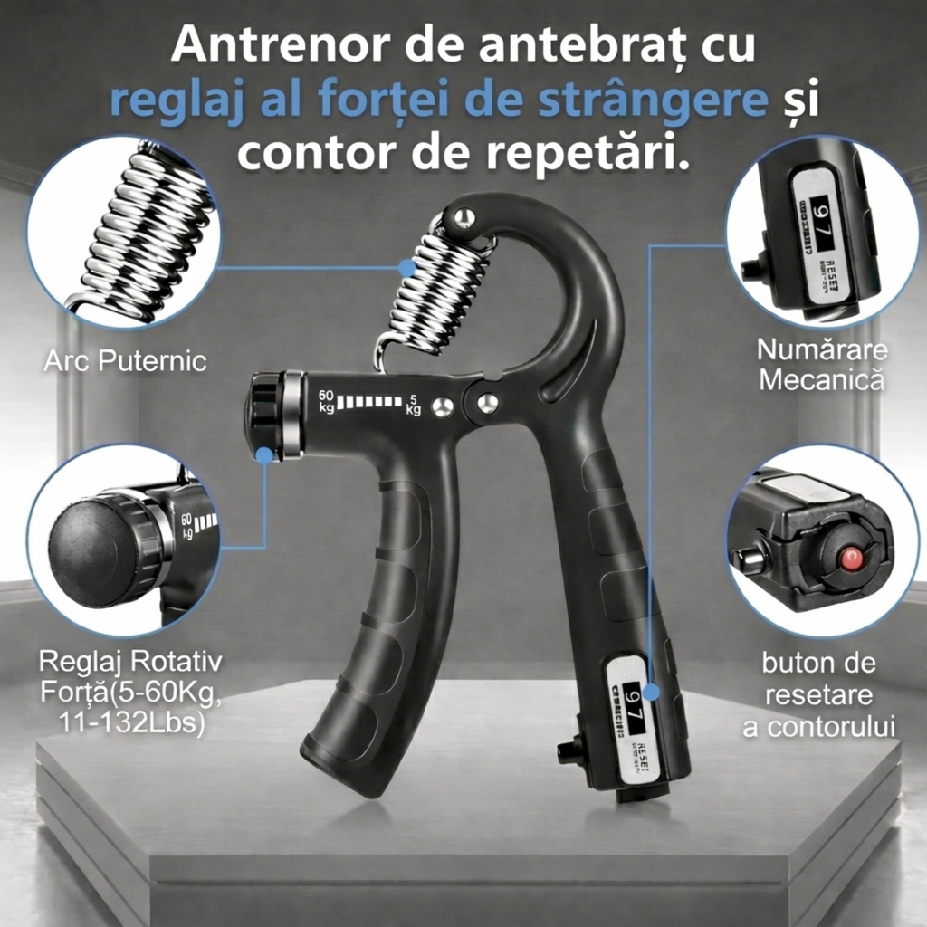 Flexor Mână Reglabil 5–60 kg + Set Antrenament Grip (5 Piese, Contor Repetiții)