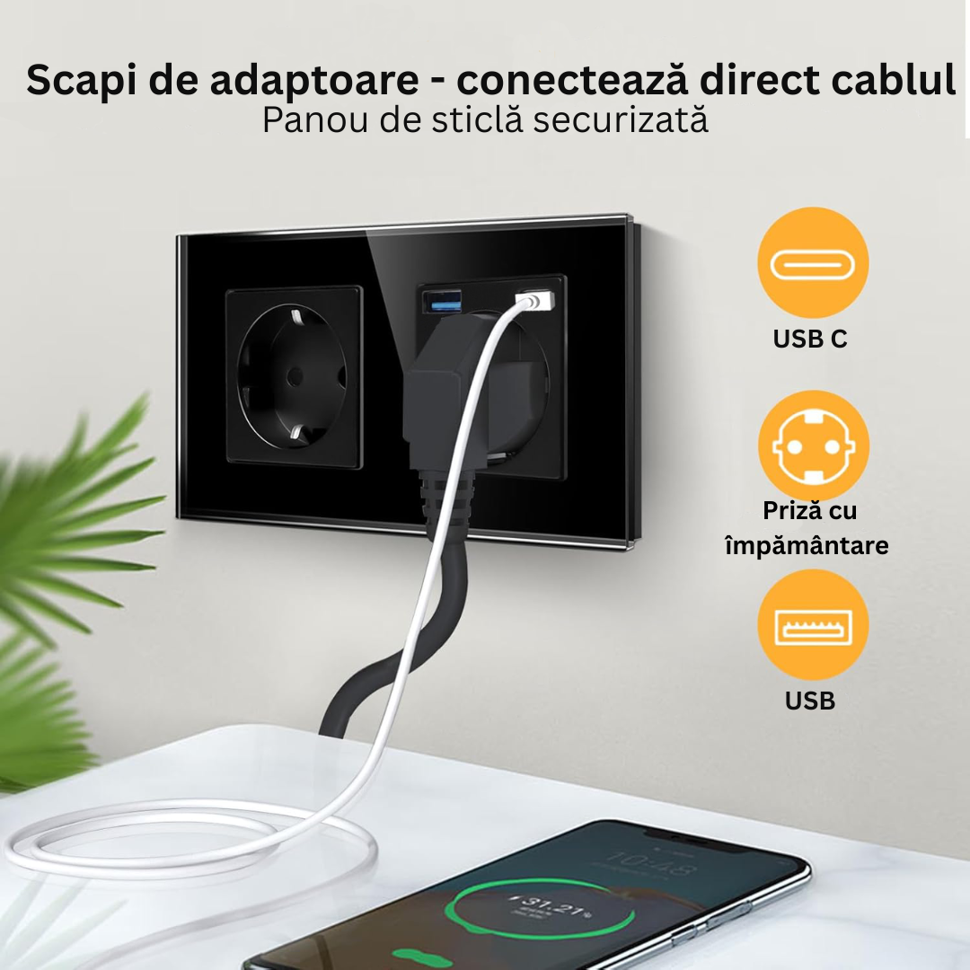 Priza Dubla cu USB si USB-C Arteli® 16A 3520W, Rama Sticla Securizata, Protectie la Suprasarcina, Neagra, 86x157mm