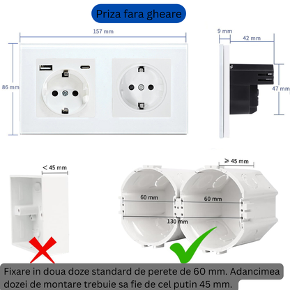 Priza Dubla cu USB si USB-C Arteli, 16A, 3520W, Rama Sticla Securizata, Protectie la Suprasarcina, Alb 86x157mm