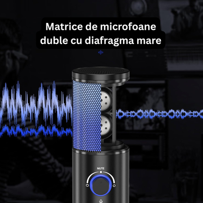 Microfon Gaming Profesional cu RGB Arteli, Condensator Dual Cardioid & Omnidirectional, Trepied Inclus, Control Volum, pentru Podcast si Streaming, Negru