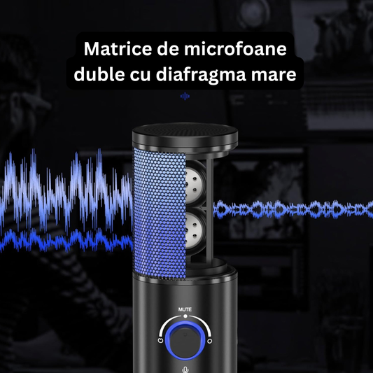 Microfon Gaming Profesional cu RGB Arteli, Condensator Dual Cardioid & Omnidirectional, Trepied Inclus, Control Volum, pentru Podcast si Streaming, Negru