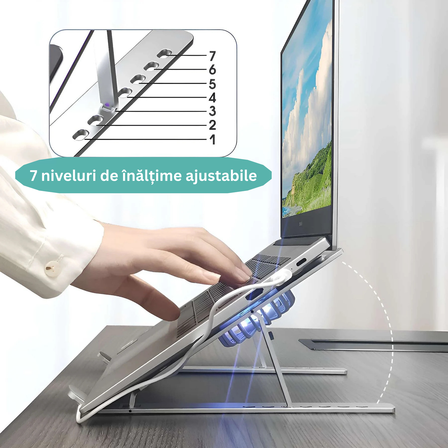 Suport Laptop Pliabil din Aluminiu și Silicon, Universal 13-17 Inch, cu Sistem Dublu de Răcire, 7 Trepte de Înălțime, Argintiu