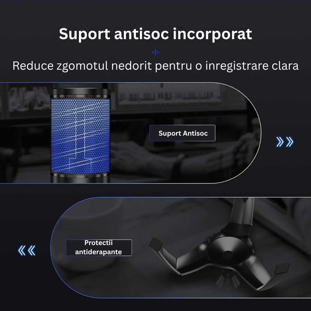 Microfon Gaming Profesional cu RGB Arteli, Condensator Dual Cardioid & Omnidirectional, Trepied Inclus, Control Volum, pentru Podcast si Streaming, Negru