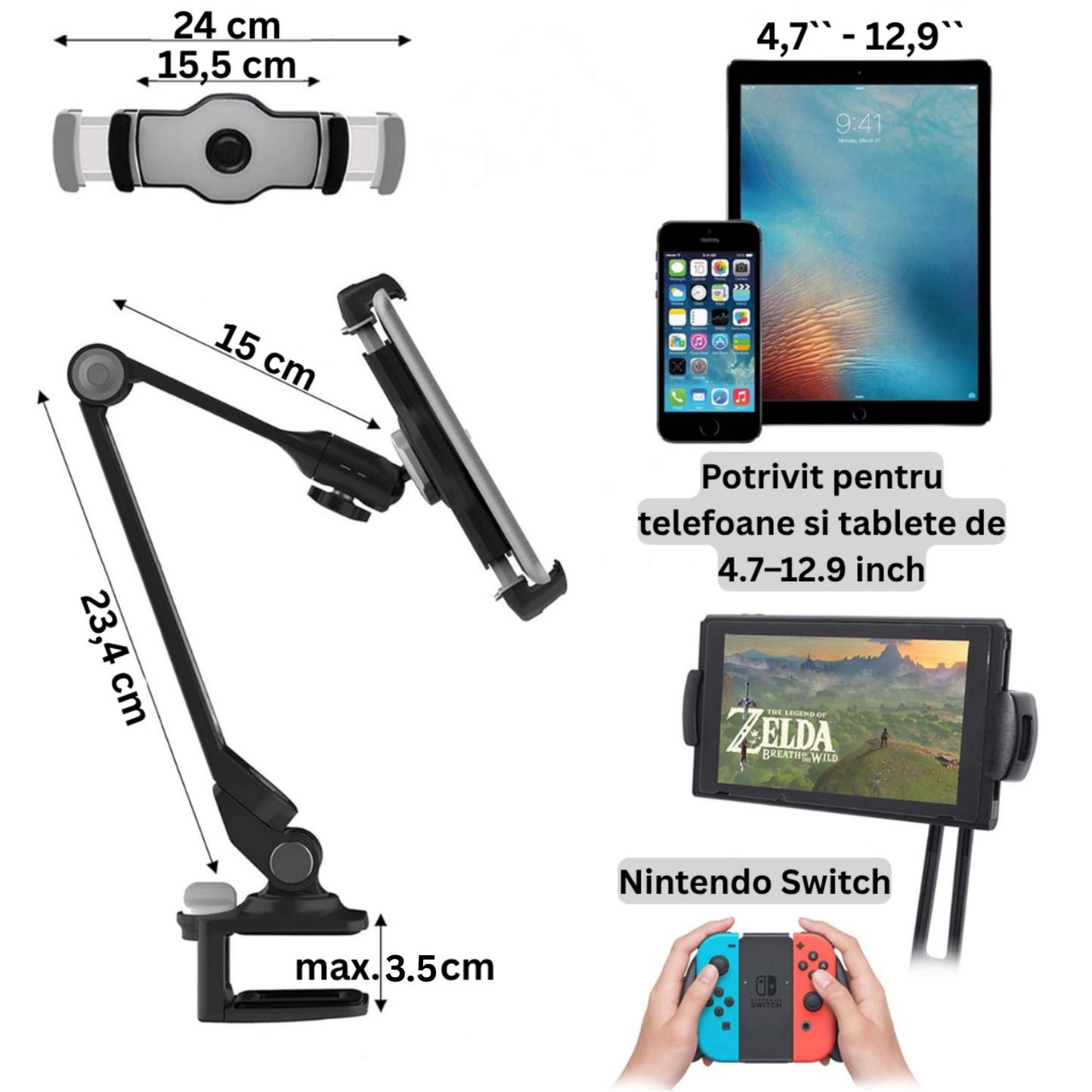 Suport Telefon & Tabletă din Aluminiu Reglabil 4.7” - 12.9” Negru