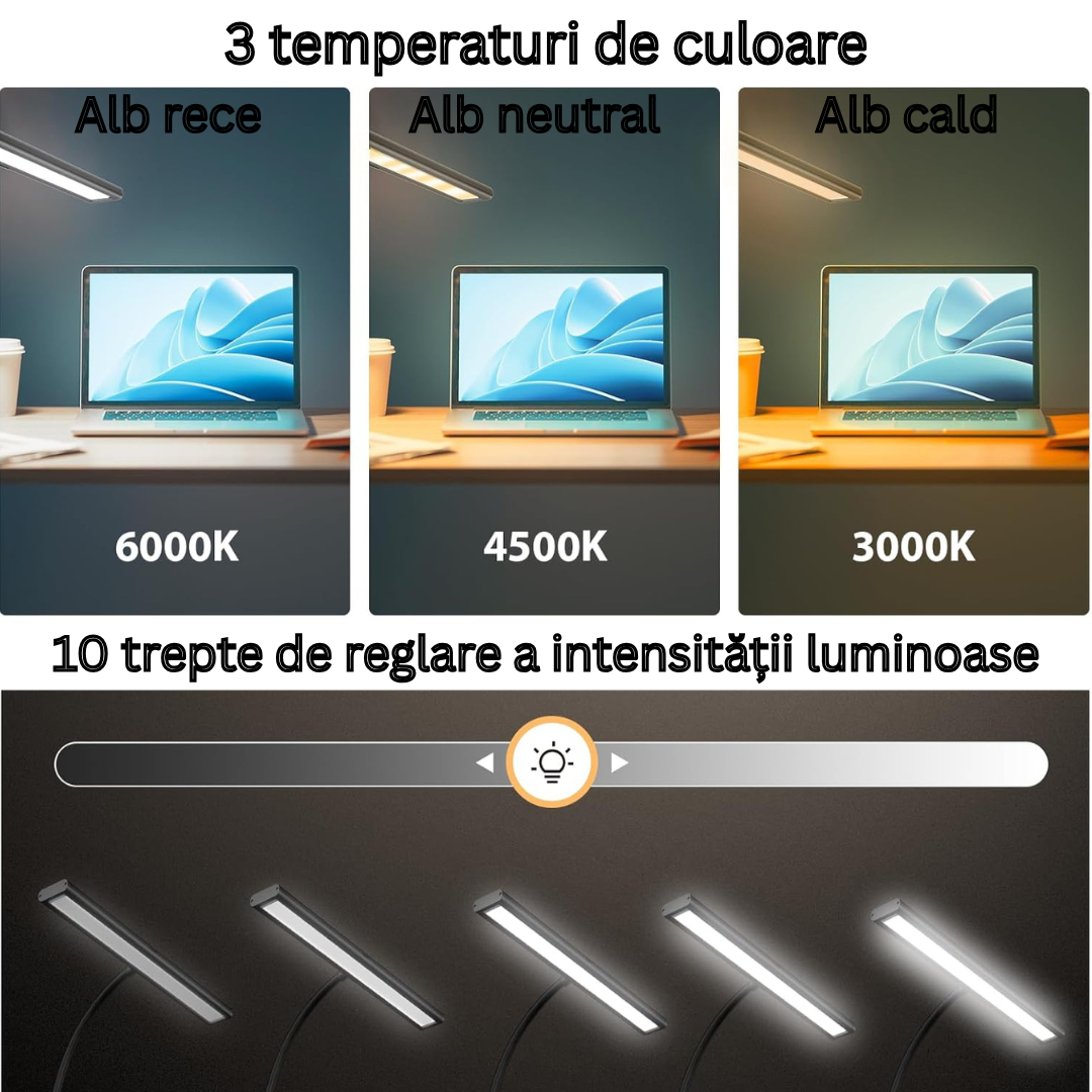 Lampa LED Arteli® 70 cm cu Dimer Continu, 400 lm, 2700K, Control Tactil, USB + Adaptor Priza, Negru – Birou, Noptiera, Studiu, cu Prindere cu Clema
