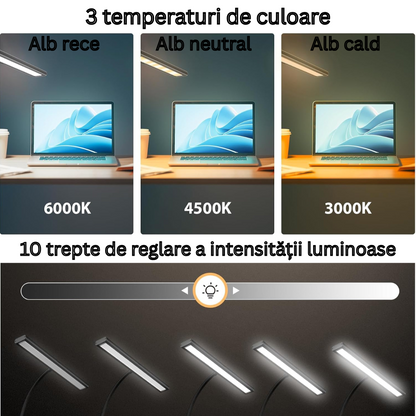 Lampa LED Arteli® 70 cm cu Dimer Continu, 400 lm, 2700K, Control Tactil, USB + Adaptor Priza, Negru – Birou, Noptiera, Studiu, cu Prindere cu Clema