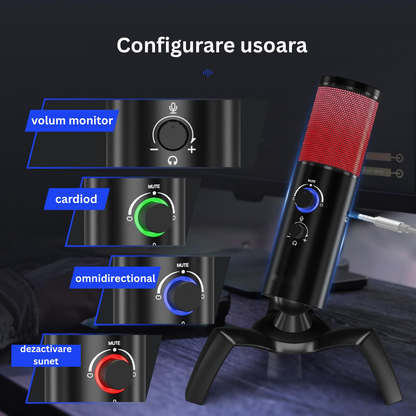 Microfon Gaming Profesional cu RGB Arteli, Condensator Dual Cardioid & Omnidirectional, Trepied Inclus, Control Volum, pentru Podcast si Streaming, Negru