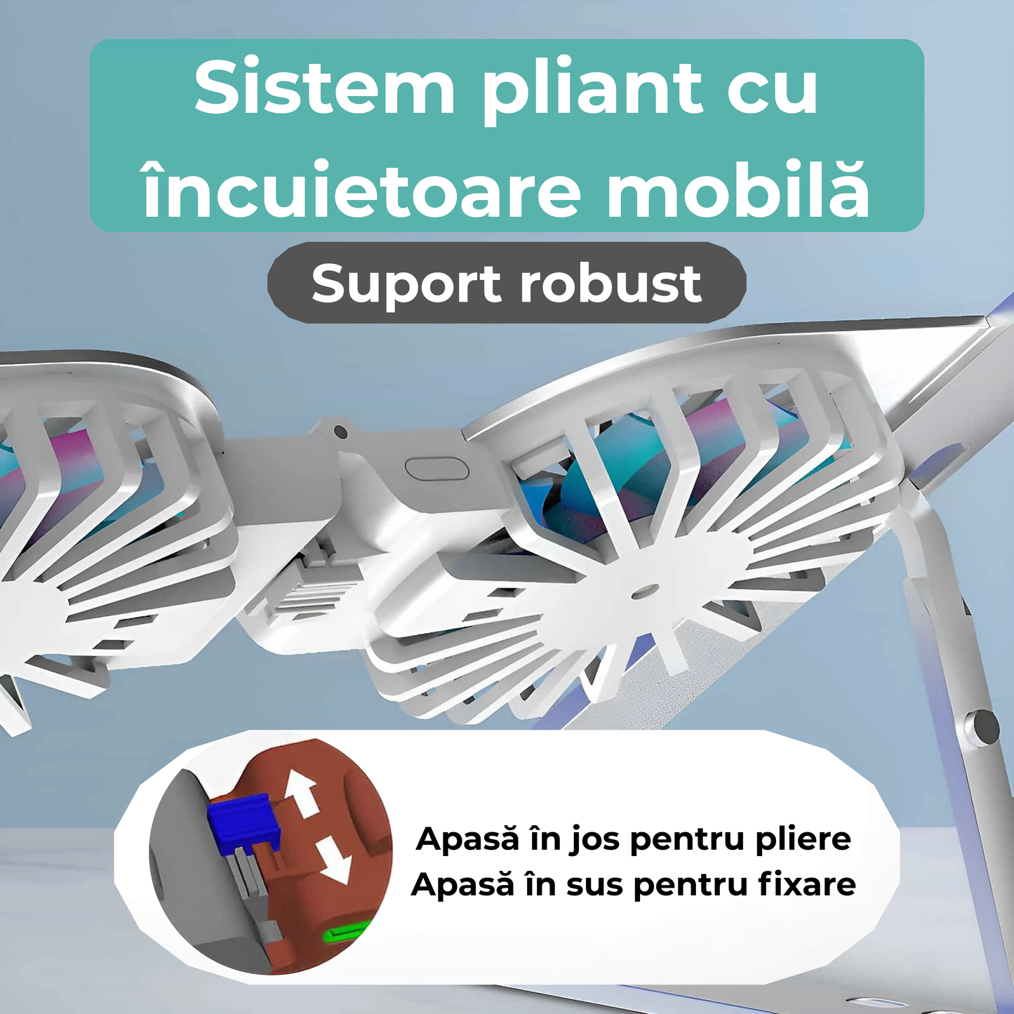 Suport Laptop Pliabil din Aluminiu și Silicon, Universal 13-17 Inch, cu Sistem Dublu de Răcire, 7 Trepte de Înălțime, Argintiu