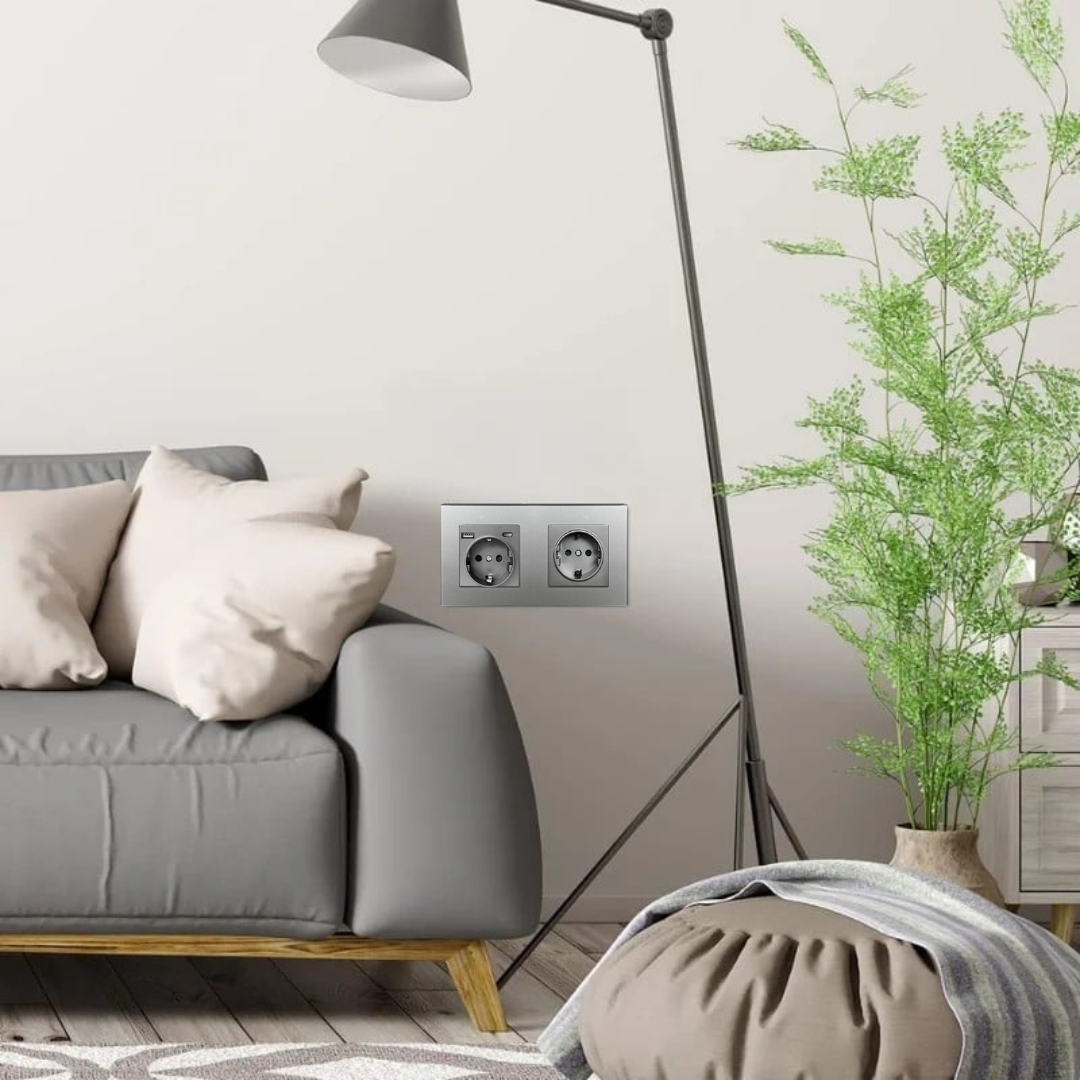 Priza Dubla cu USB si USB-C Arteli® 16A 3520W, Rama Sticla Securizata, Protectie la Suprasarcina, Gri 86x157mm