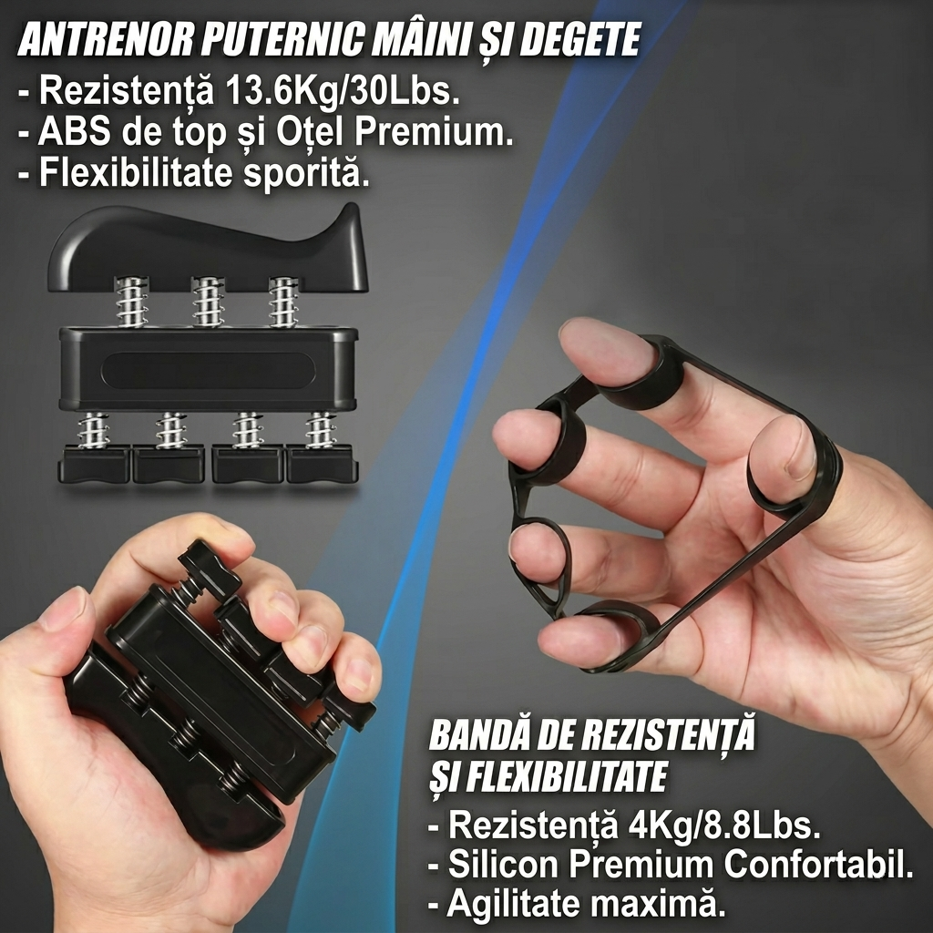 Flexor Mână Reglabil 5–60 kg + Set Antrenament Grip (5 Piese, Contor Repetiții)