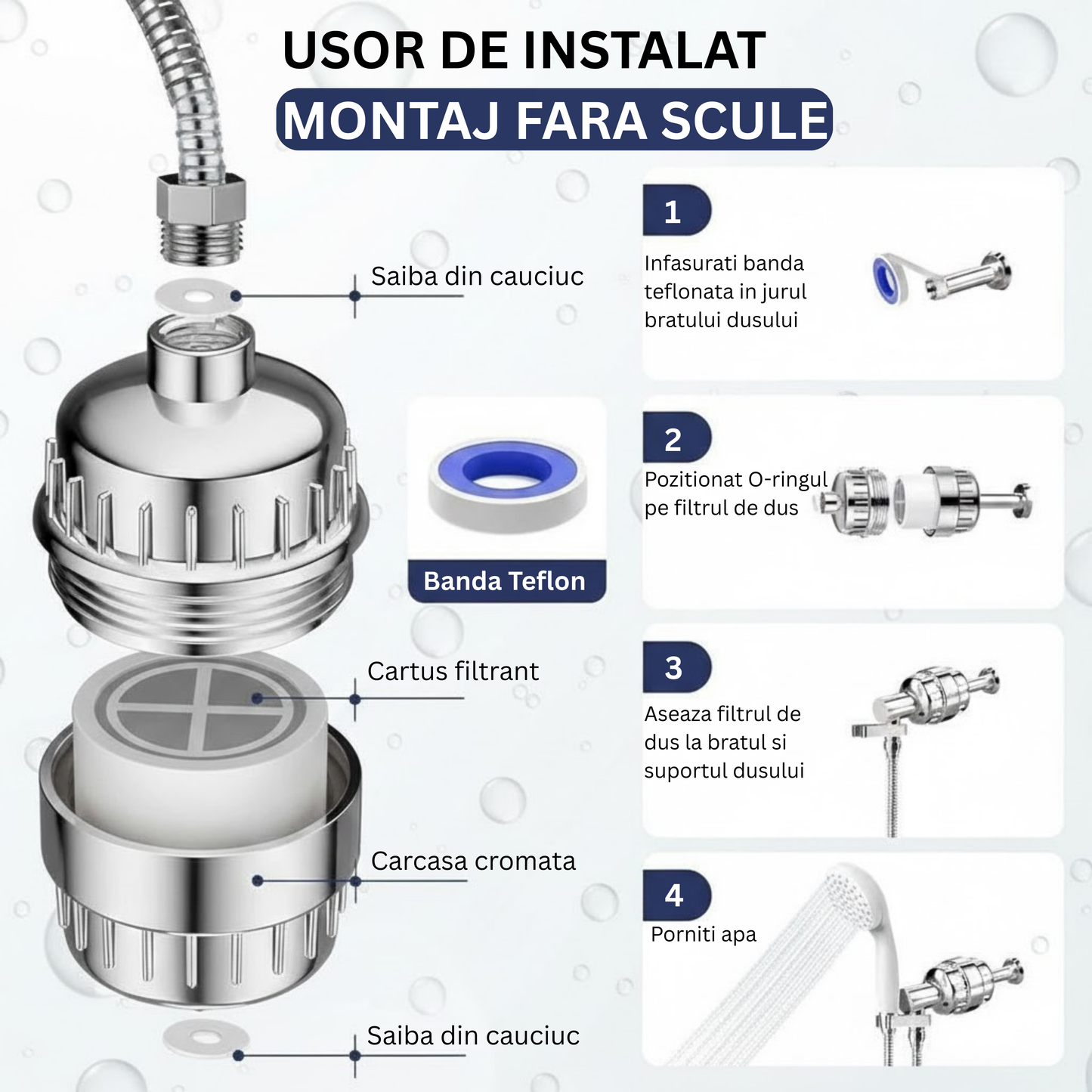 Filtru de Dus Universal cu 15 Stadii de Filtrare – Apă Curată pentru Piele Si Păr