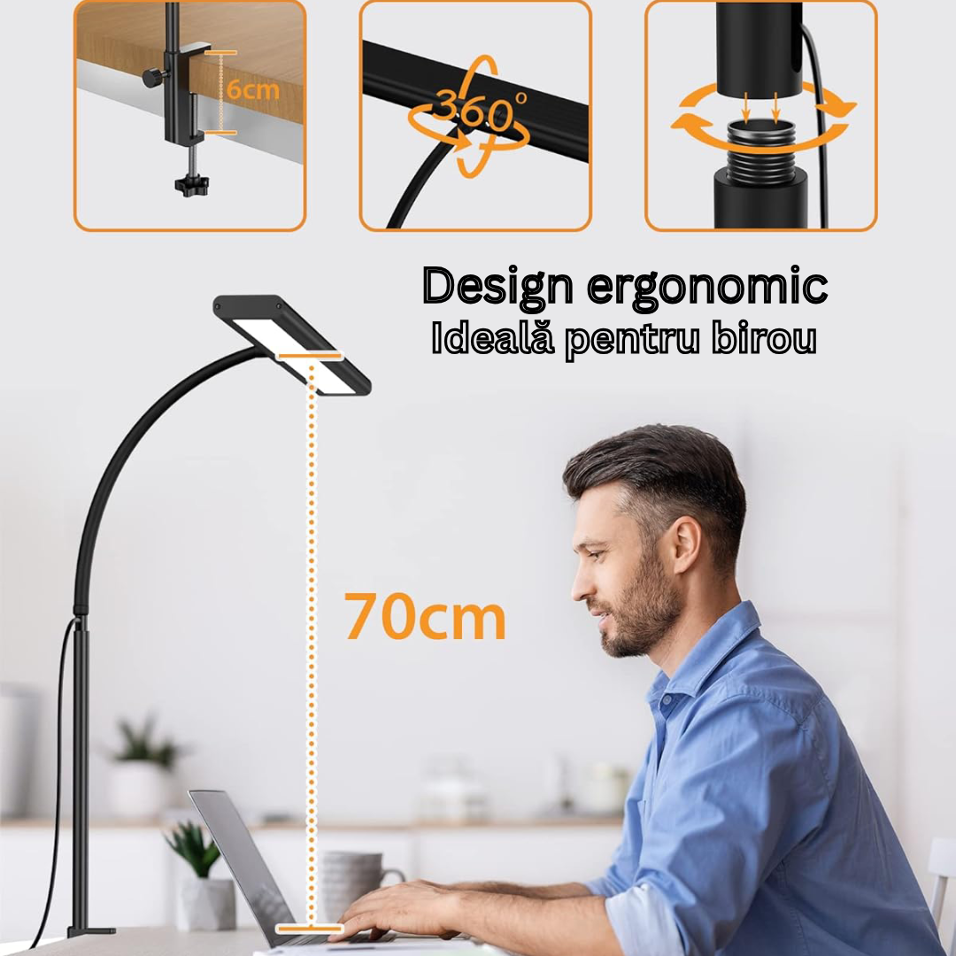Lampa LED Arteli® 70 cm cu Dimer Continu, 400 lm, 2700K, Control Tactil, USB + Adaptor Priza, Negru – Birou, Noptiera, Studiu, cu Prindere cu Clema