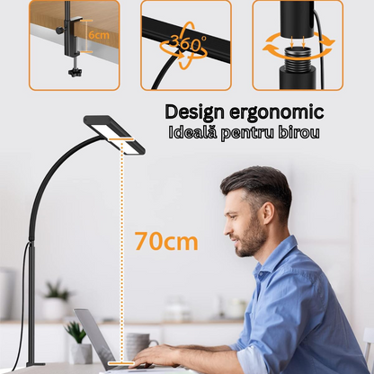 Lampa LED Arteli® 70 cm cu Dimer Continu, 400 lm, 2700K, Control Tactil, USB + Adaptor Priza, Negru – Birou, Noptiera, Studiu, cu Prindere cu Clema