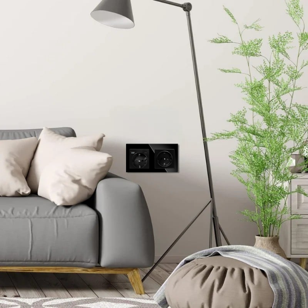 Priza Dubla cu USB si USB-C Arteli® 16A 3520W, Rama Sticla Securizata, Protectie la Suprasarcina, Neagra, 86x157mm