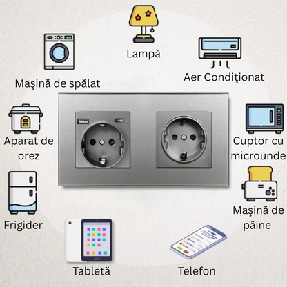 Priza Dubla cu USB si USB-C Arteli® 16A 3520W, Rama Sticla Securizata, Protectie la Suprasarcina, Gri 86x157mm