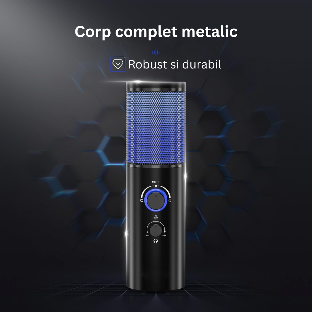 Microfon Gaming Profesional cu RGB Arteli, Condensator Dual Cardioid & Omnidirectional, Trepied Inclus, Control Volum, pentru Podcast si Streaming, Negru