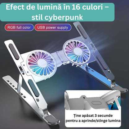Suport Laptop Pliabil din Aluminiu și Silicon, Universal 13-17 Inch, cu Sistem Dublu de Răcire, 7 Trepte de Înălțime, Argintiu