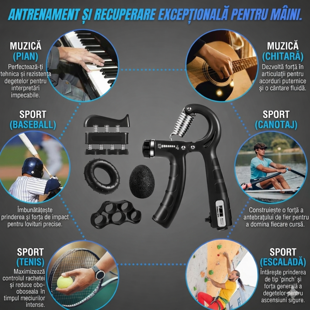 Flexor Mână Reglabil 5–60 kg + Set Antrenament Grip (5 Piese, Contor Repetiții)