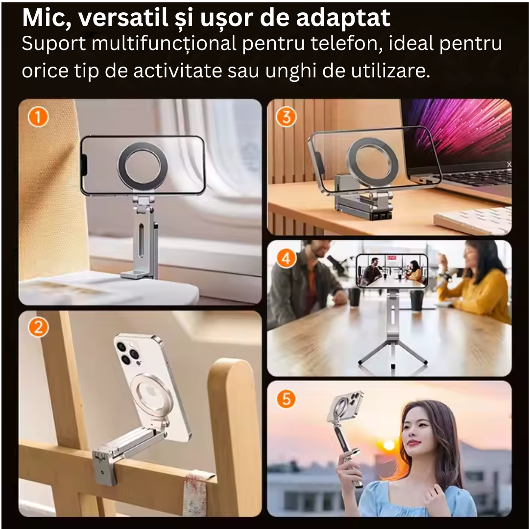 Suport Telefon Magnetic Pliabil Arteli® – Universal, Rotativ 360°, Portabil, Stabil, pentru Birou si Masina