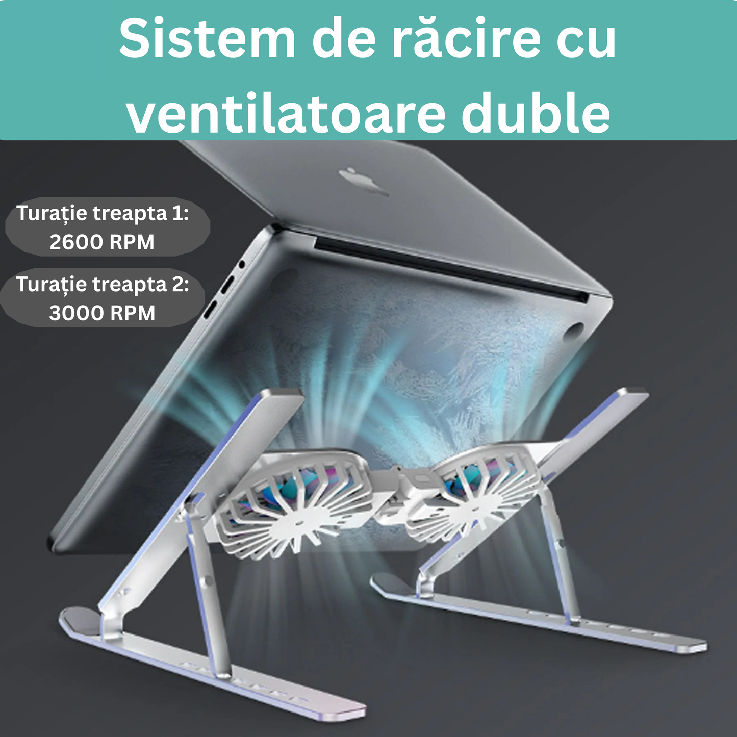 Suport Laptop Pliabil din Aluminiu și Silicon, Universal 13-17 Inch, cu Sistem Dublu de Răcire, 7 Trepte de Înălțime, Argintiu