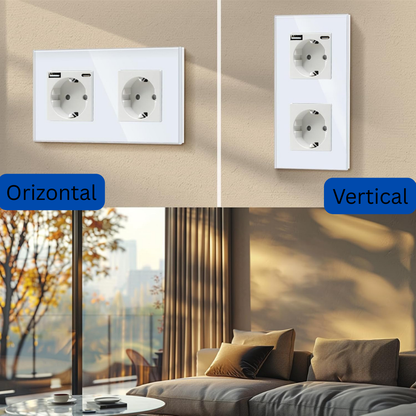 Priza Dubla cu USB si USB-C Arteli, 16A, 3520W, Rama Sticla Securizata, Protectie la Suprasarcina, Alb 86x157mm
