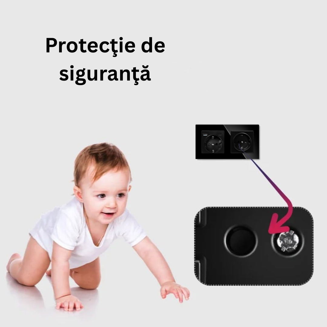Priza Dubla cu USB si USB-C Arteli® 16A 3520W, Rama Sticla Securizata, Protectie la Suprasarcina, Neagra, 86x157mm