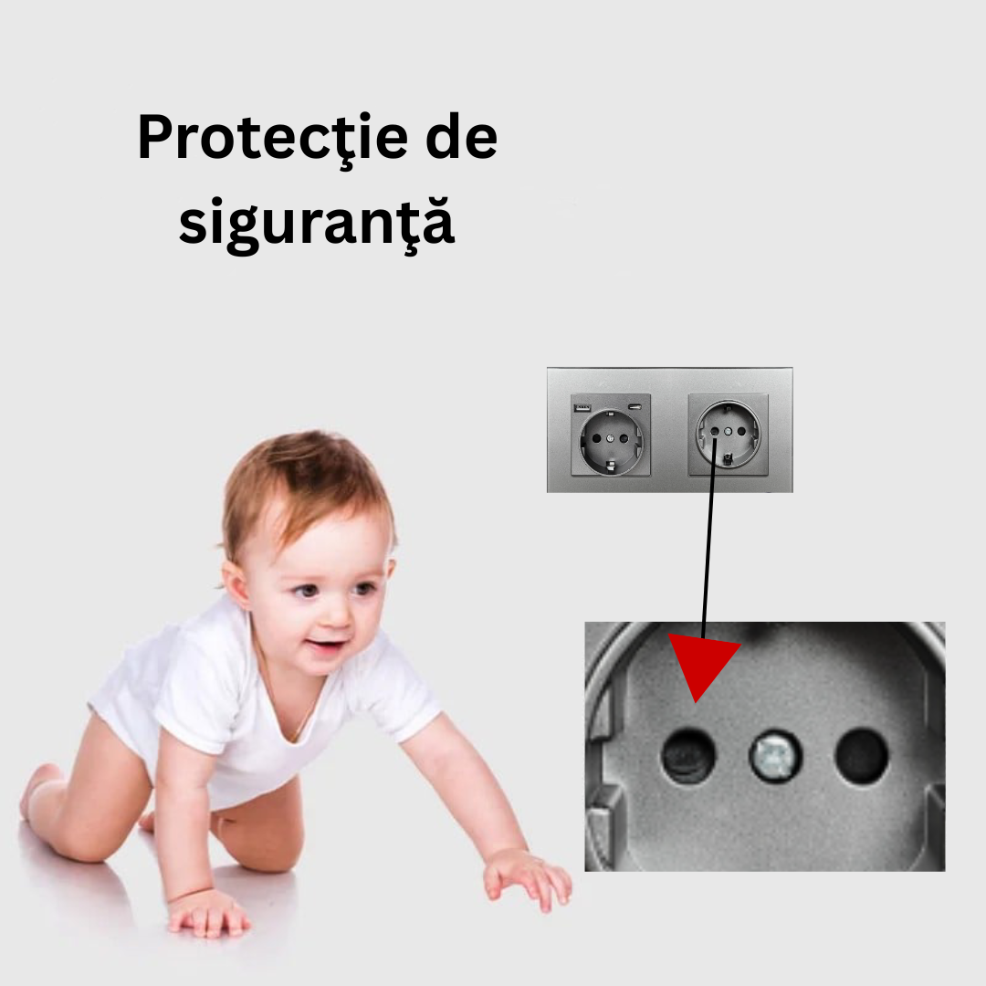 Priza Dubla cu USB si USB-C Arteli® 16A 3520W, Rama Sticla Securizata, Protectie la Suprasarcina, Gri 86x157mm