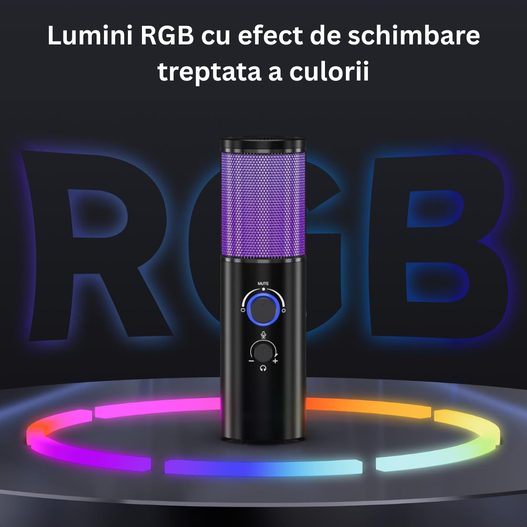 Microfon Gaming Profesional cu RGB Arteli, Condensator Dual Cardioid & Omnidirectional, Trepied Inclus, Control Volum, pentru Podcast si Streaming, Negru