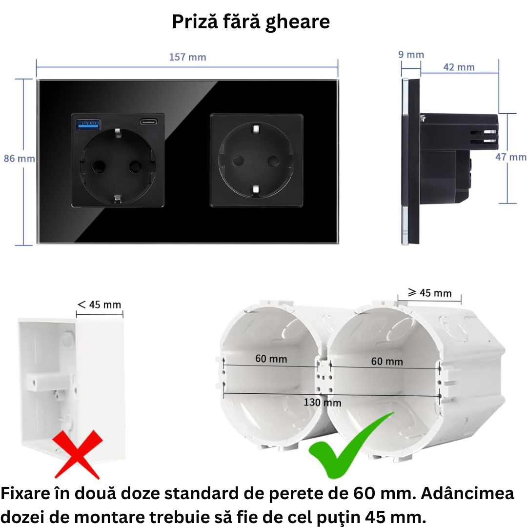 Priza Dubla cu USB si USB-C Arteli® 16A 3520W, Rama Sticla Securizata, Protectie la Suprasarcina, Neagra, 86x157mm