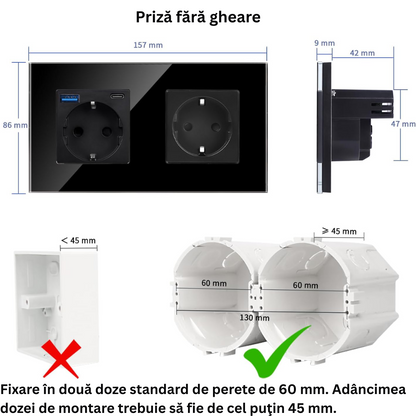 Priza Dubla cu USB si USB-C Arteli® 16A 3520W, Rama Sticla Securizata, Protectie la Suprasarcina, Neagra, 86x157mm