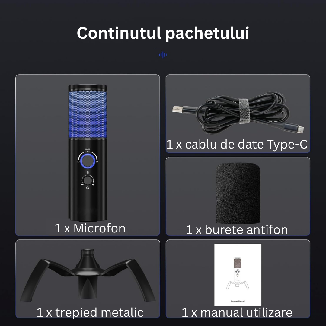 Microfon Gaming Profesional cu RGB Arteli, Condensator Dual Cardioid & Omnidirectional, Trepied Inclus, Control Volum, pentru Podcast si Streaming, Negru