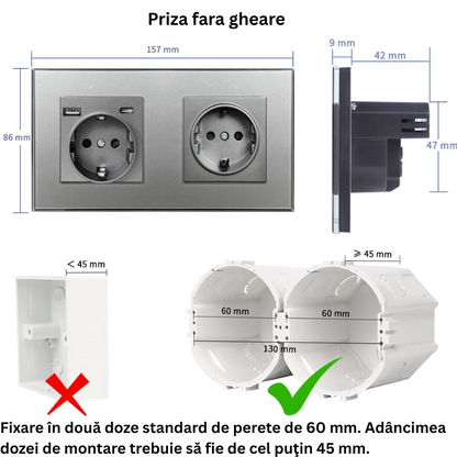 Priza Dubla cu USB si USB-C Arteli® 16A 3520W, Rama Sticla Securizata, Protectie la Suprasarcina, Gri 86x157mm