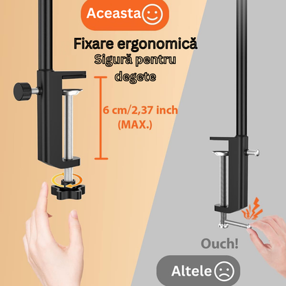 Lampa LED Arteli® 70 cm cu Dimer Continu, 400 lm, 2700K, Control Tactil, USB + Adaptor Priza, Negru – Birou, Noptiera, Studiu, cu Prindere cu Clema