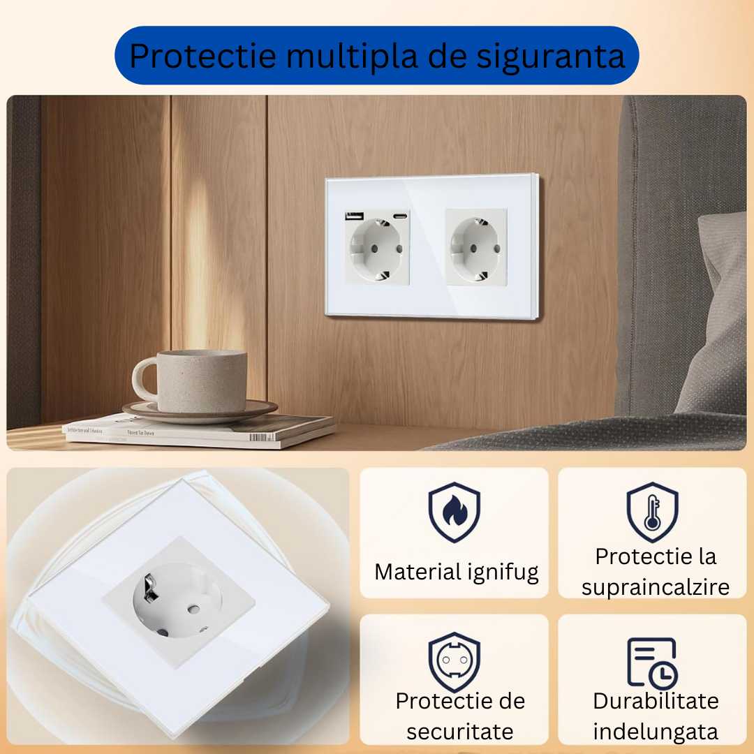 Priza Dubla cu USB si USB-C Arteli, 16A, 3520W, Rama Sticla Securizata, Protectie la Suprasarcina, Alb 86x157mm