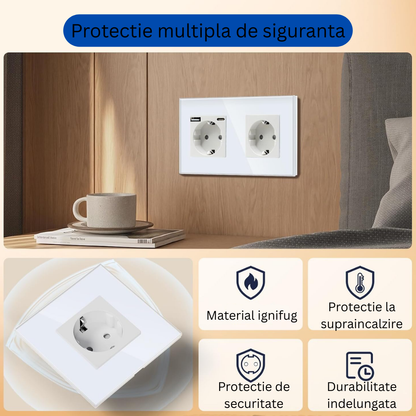 Priza Dubla cu USB si USB-C Arteli, 16A, 3520W, Rama Sticla Securizata, Protectie la Suprasarcina, Alb 86x157mm
