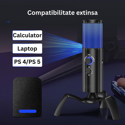 Microfon Gaming Profesional cu RGB Arteli, Condensator Dual Cardioid & Omnidirectional, Trepied Inclus, Control Volum, pentru Podcast si Streaming, Negru