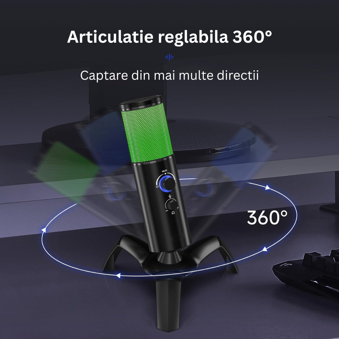 Microfon Gaming Profesional cu RGB Arteli, Condensator Dual Cardioid & Omnidirectional, Trepied Inclus, Control Volum, pentru Podcast si Streaming, Negru