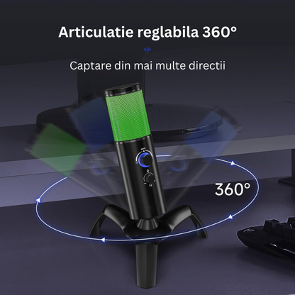 Microfon Gaming Profesional cu RGB Arteli, Condensator Dual Cardioid & Omnidirectional, Trepied Inclus, Control Volum, pentru Podcast si Streaming, Negru