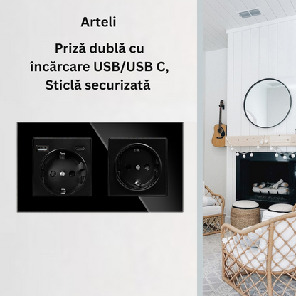 Priza Dubla cu USB si USB-C Arteli® 16A 3520W, Rama Sticla Securizata, Protectie la Suprasarcina, Neagra, 86x157mm